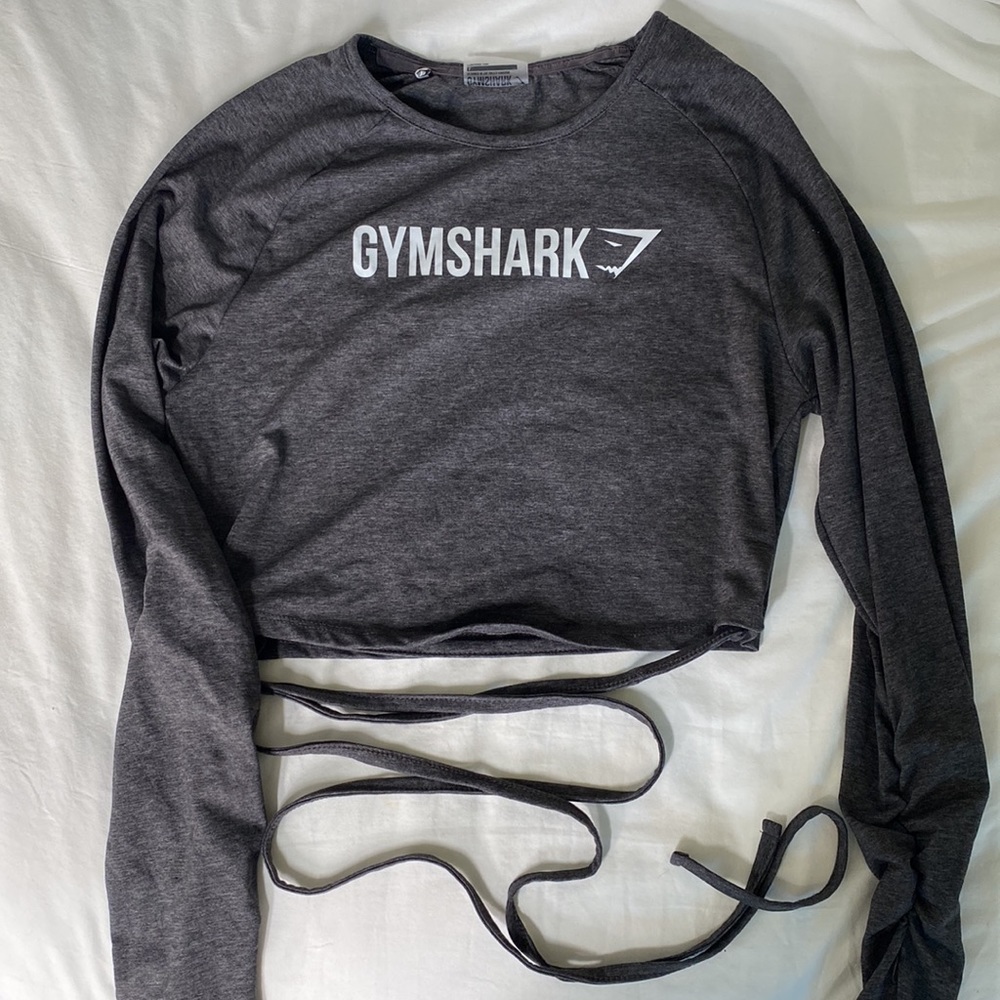 GYMSHARK Long Sleeve Ribbon Crop Top - Charcoal Marl - Large BRAND NEW